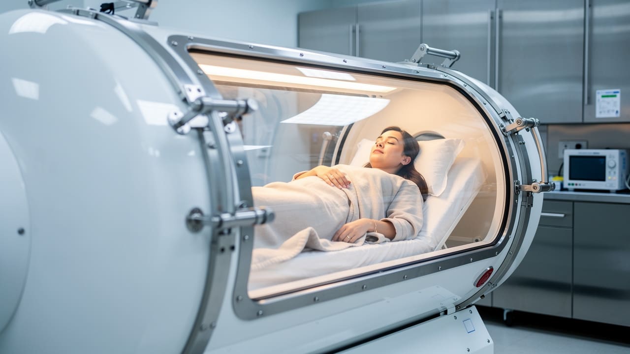 Patient resting in hyperbaric oxygen therapy chamber for cancer treatment