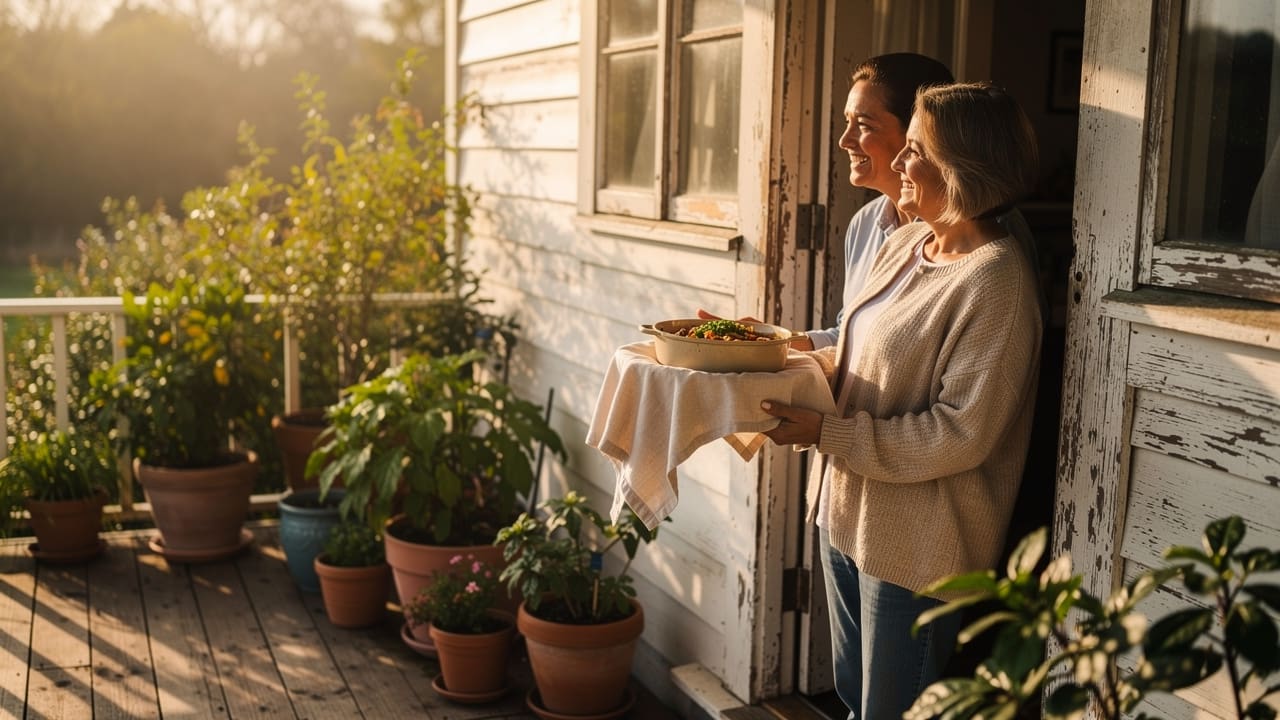 Friend delivering home-cooked meal as practical cancer support